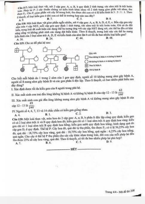 Thi THPQG 2020: Đề thi và đáp án môn Sinh học mã đề 208