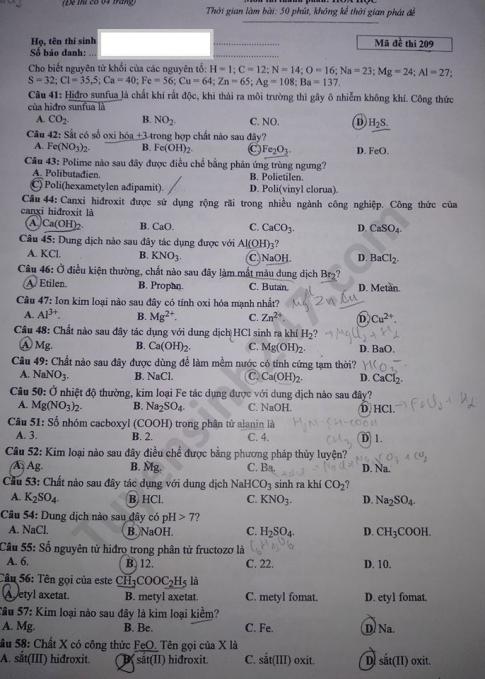 Thi THPTQG 2020: Đề thi và đáp án môn Hóa học mã đề 209