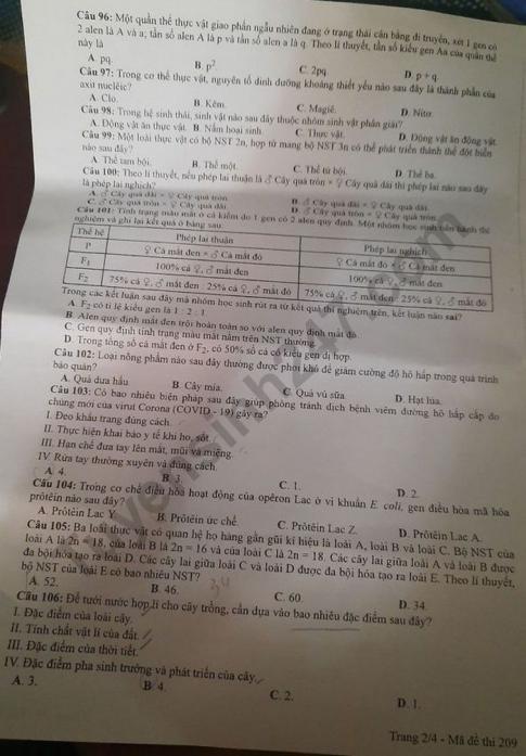 Thi THPQG 2020: Đề thi và đáp án môn Sinh học mã đề 209