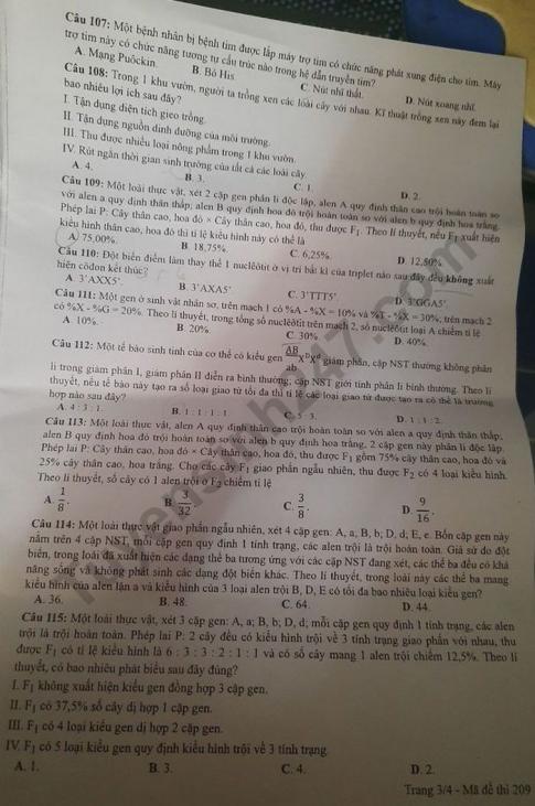 Thi THPQG 2020: Đề thi và đáp án môn Sinh học mã đề 209