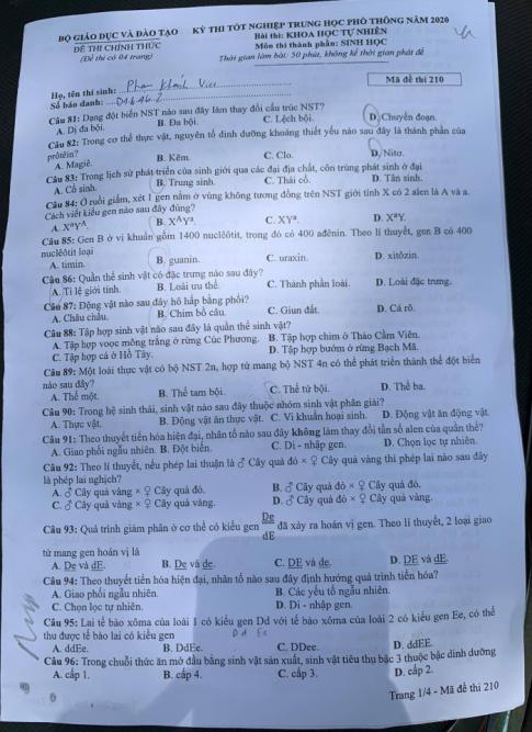 Thi THPQG 2020: Đề thi và đáp án môn Sinh học mã đề 210