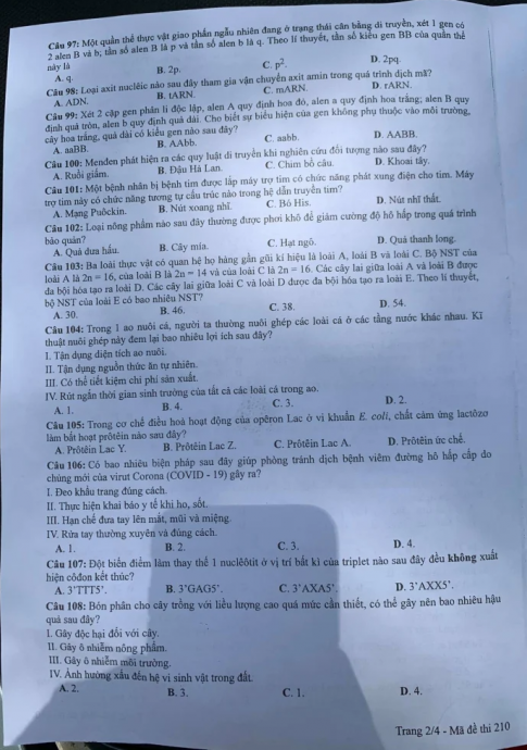 Thi THPQG 2020: Đề thi và đáp án môn Sinh học mã đề 210