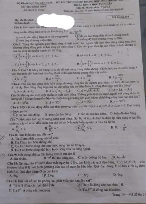 Thi THPTQG 2020: Đề thi và đáp án môn Vật lý mã đề 210