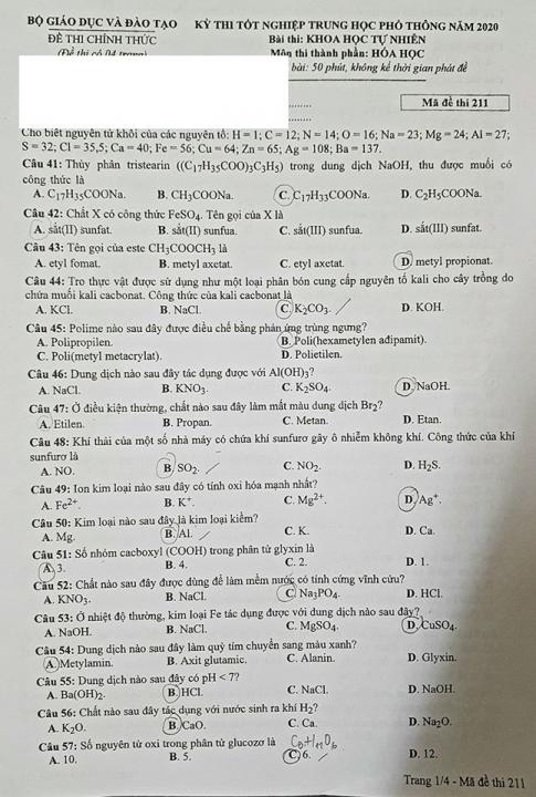 Thi THPTQG 2020: Đề thi và đáp án môn Hóa học mã đề 211