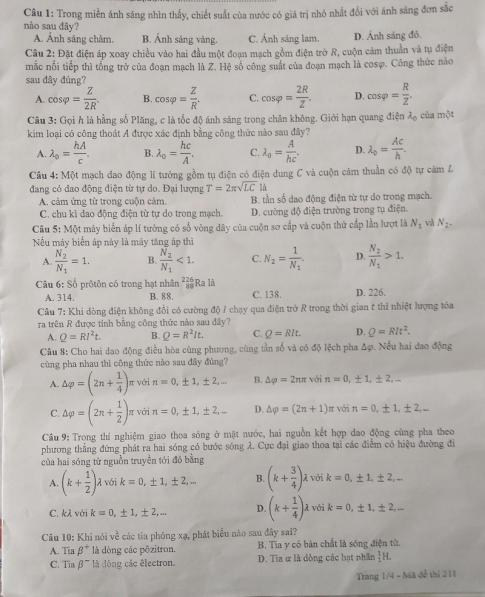 Thi THPTQG 2020: Đề thi và đáp án môn Vật lý mã đề 211