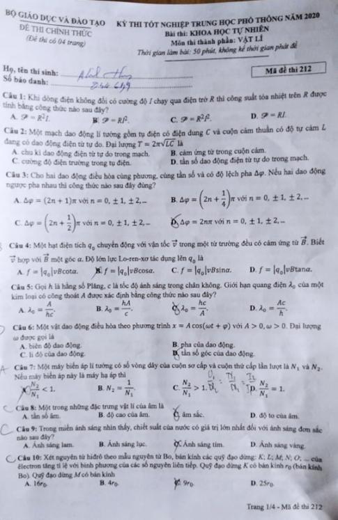 Thi THPTQG 2020: Đề thi và đáp án môn Vật lý mã đề 212