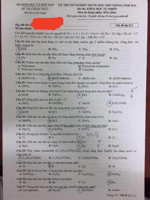 Thi THPTQG 2020: Đề thi và đáp án môn Hóa học mã đề 212