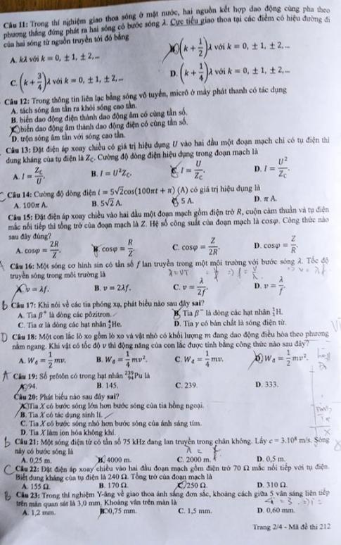 Thi THPTQG 2020: Đề thi và đáp án môn Vật lý mã đề 212