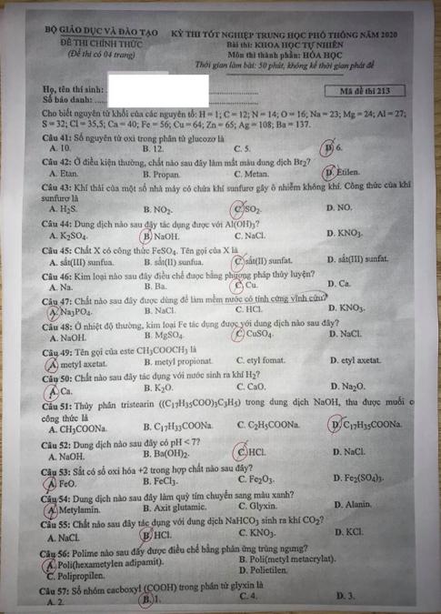 Thi THPTQG 2020: Đề thi và đáp án môn Hóa học mã đề 213