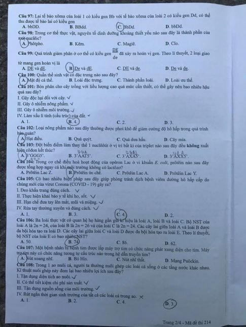 Thi THPQG 2020: Đề thi và đáp án môn Sinh học mã đề 214