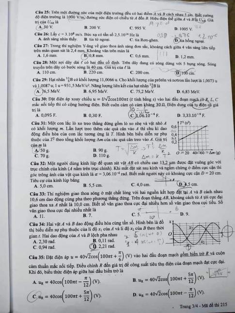 Thi THPTQG 2020: Đề thi và đáp án môn Vật lý mã đề 215