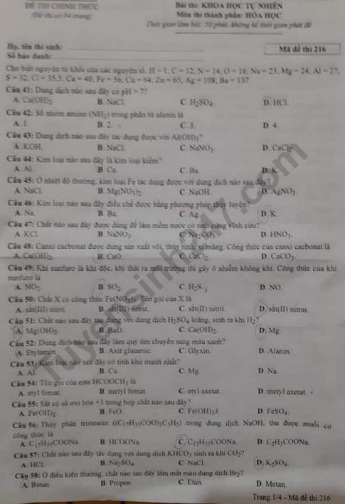 Thi THPTQG 2020: Đề thi và đáp án môn Hóa học mã đề 216