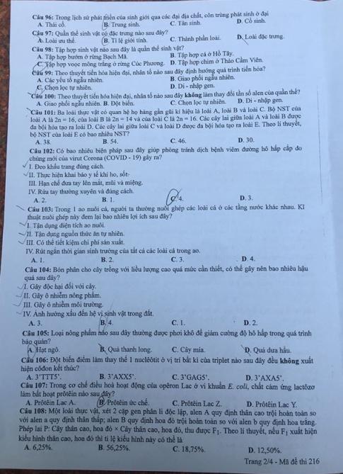 Thi THPQG 2020: Đề thi và đáp án môn Sinh học mã đề 216
