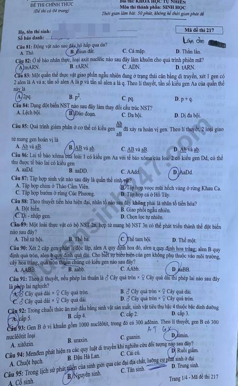 Thi THPQG 2020: Đề thi và đáp án môn Sinh học mã đề 217