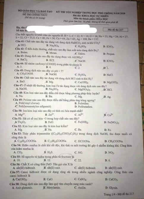 Thi THPTQG 2020: Đề thi và đáp án môn Hóa học mã đề 217