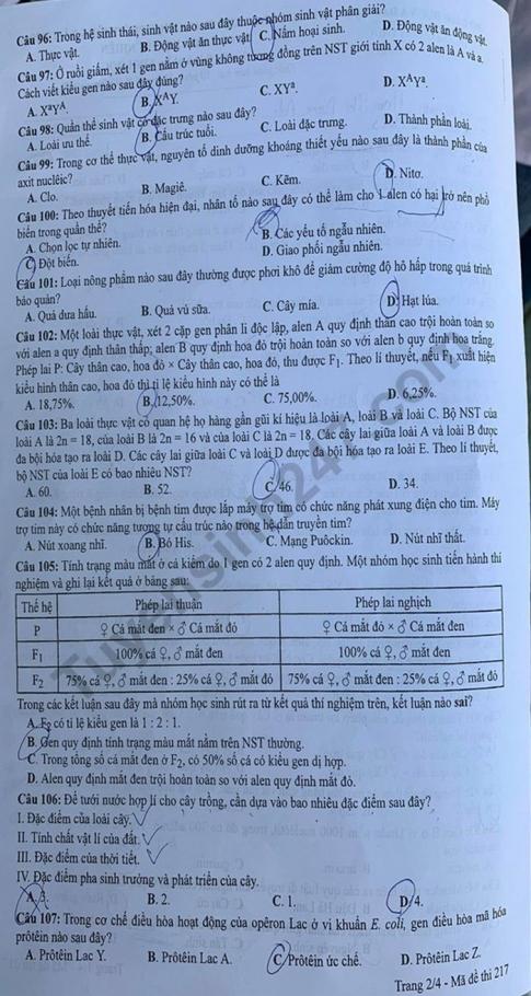 Thi THPQG 2020: Đề thi và đáp án môn Sinh học mã đề 217