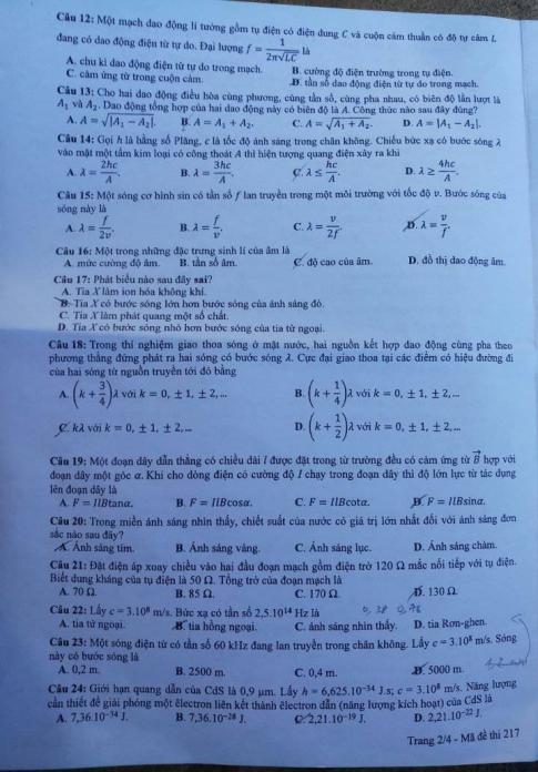 Thi THPTQG 2020: Đề thi và đáp án môn Vật lý mã đề 217
