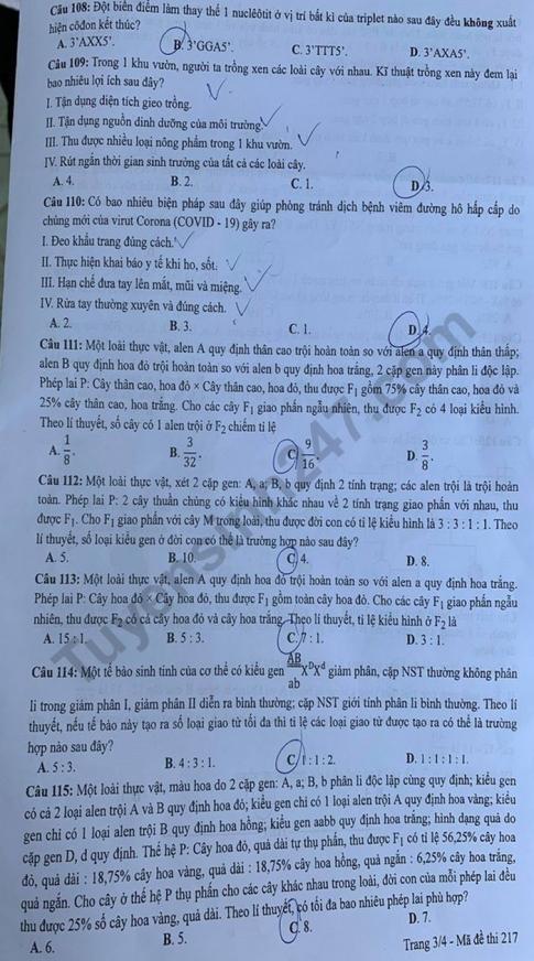 Thi THPQG 2020: Đề thi và đáp án môn Sinh học mã đề 217