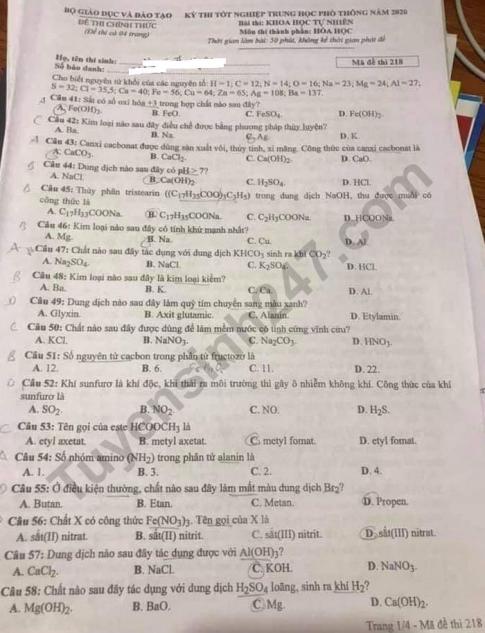 Thi THPTQG 2020: Đề thi và đáp án môn Hóa học mã đề 218