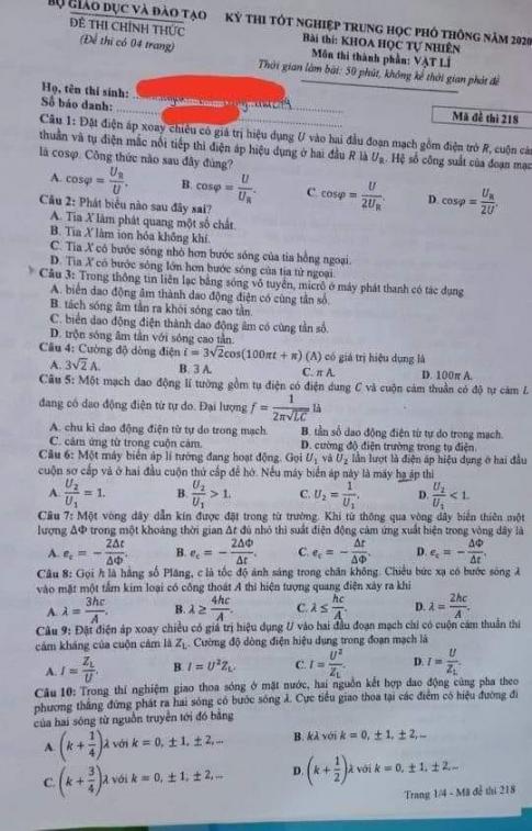 Thi THPTQG 2020: Đề thi và đáp án môn Vật lý mã đề 218