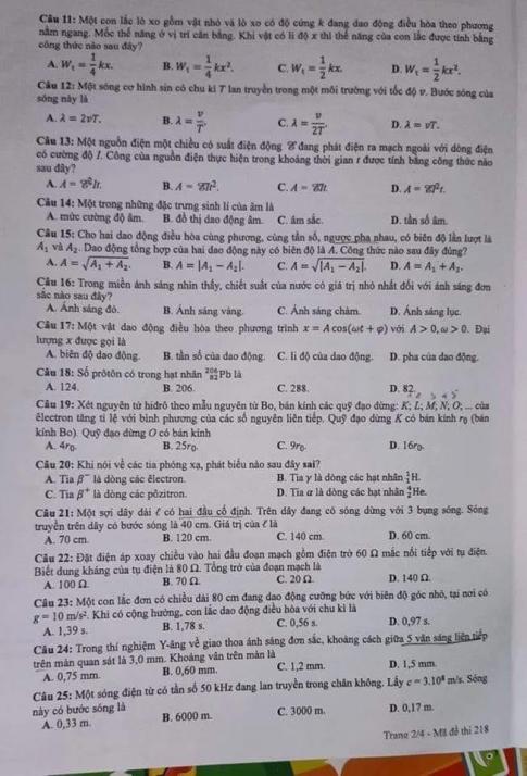 Thi THPTQG 2020: Đề thi và đáp án môn Vật lý mã đề 218