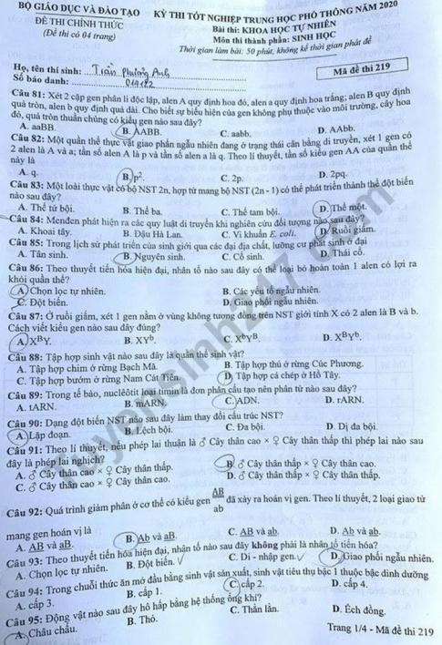 Thi THPQG 2020: Đề thi và đáp án môn Sinh học mã đề 219
