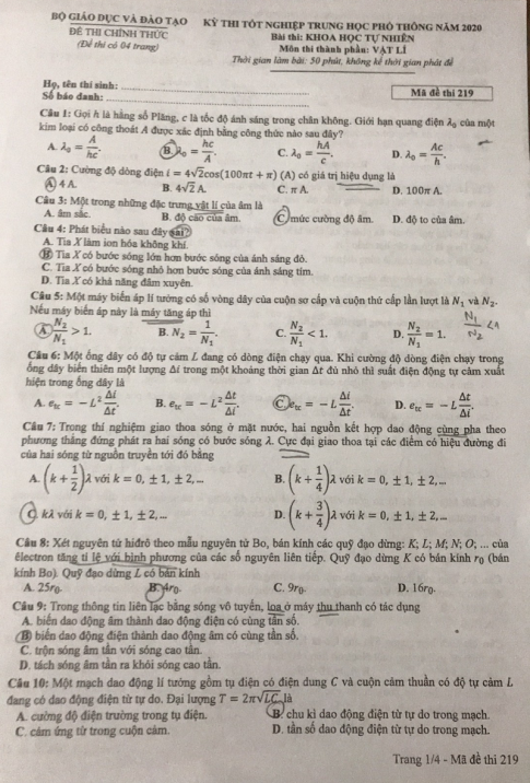 Thi THPTQG 2020: Đề thi và đáp án môn Vật lý mã đề 219