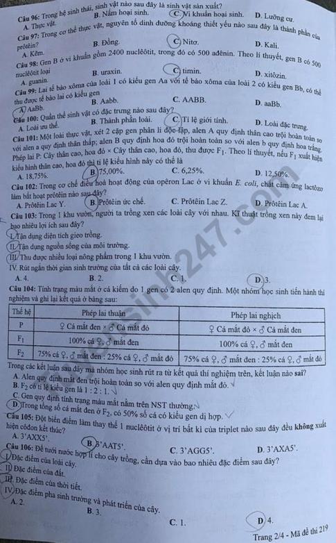 Thi THPQG 2020: Đề thi và đáp án môn Sinh học mã đề 219