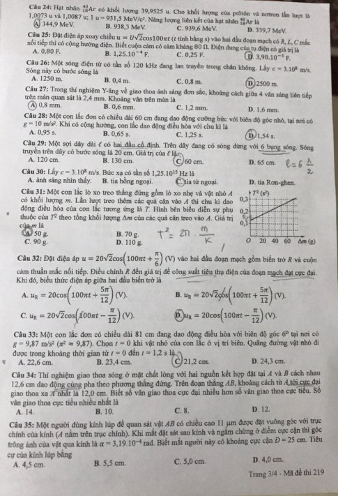 Thi THPTQG 2020: Đề thi và đáp án môn Vật lý mã đề 219