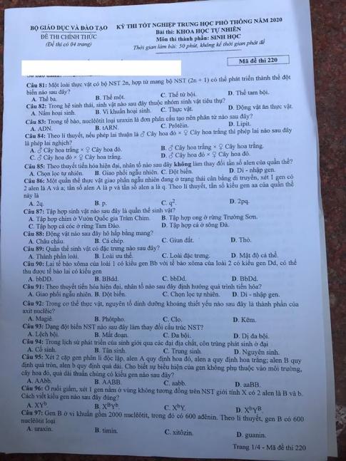 Thi THPQG 2020: Đề thi và đáp án môn Sinh học mã đề 220