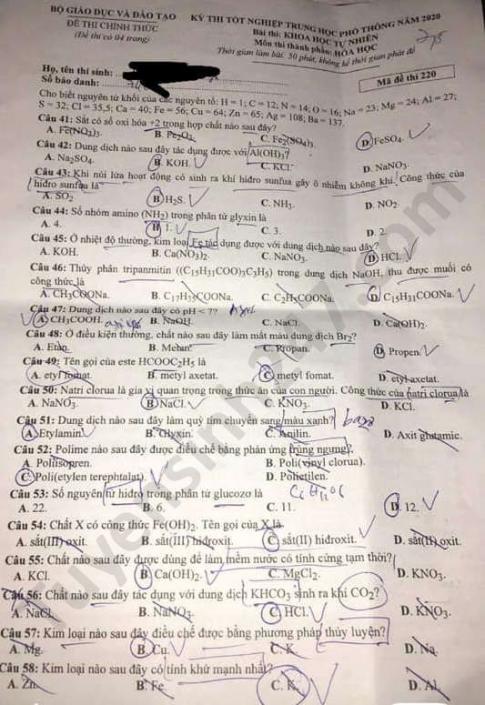 Thi THPTQG 2020: Đề thi và đáp án môn Hóa học mã đề 220