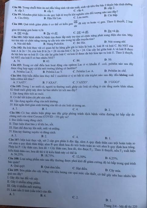 Thi THPQG 2020: Đề thi và đáp án môn Sinh học mã đề 220