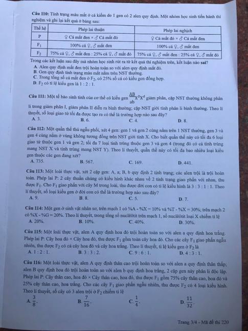 Thi THPQG 2020: Đề thi và đáp án môn Sinh học mã đề 220