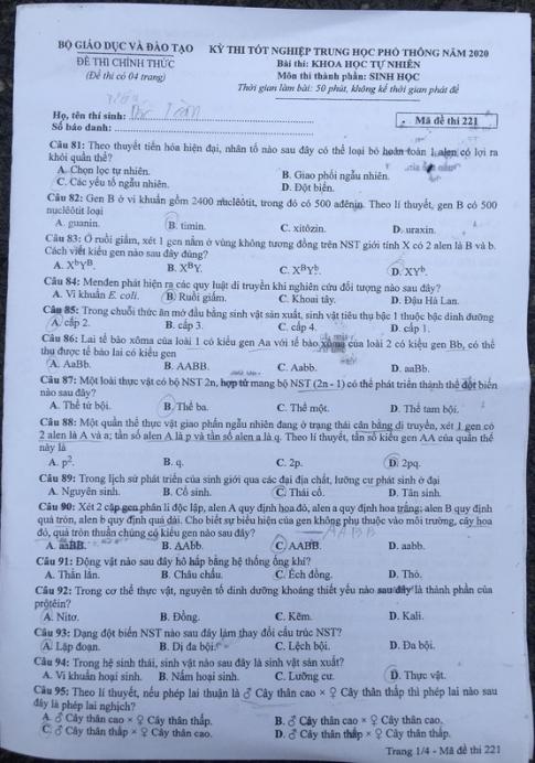 Thi THPQG 2020: Đề thi và đáp án môn Sinh học mã đề 221