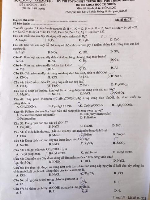 Thi THPTQG 2020: Đề thi và đáp án môn Hóa học mã đề 221