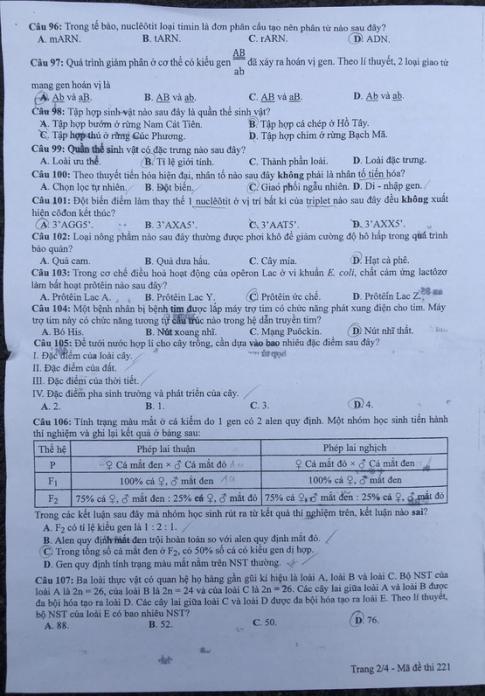 Thi THPQG 2020: Đề thi và đáp án môn Sinh học mã đề 221