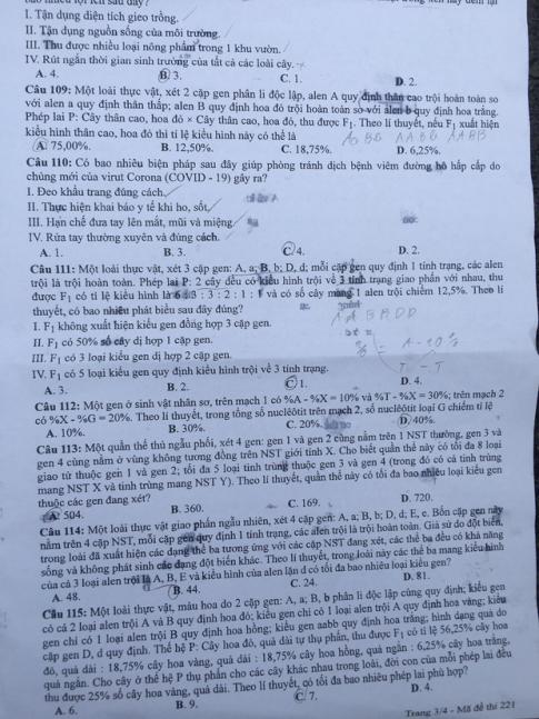 Thi THPQG 2020: Đề thi và đáp án môn Sinh học mã đề 221