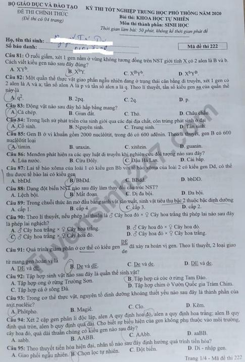 Thi THPQG 2020: Đề thi và đáp án môn Sinh học mã đề 222