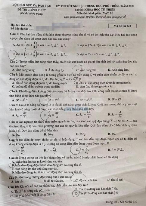 Thi THPTQG 2020: Đề thi và đáp án môn Vật lý mã đề 222