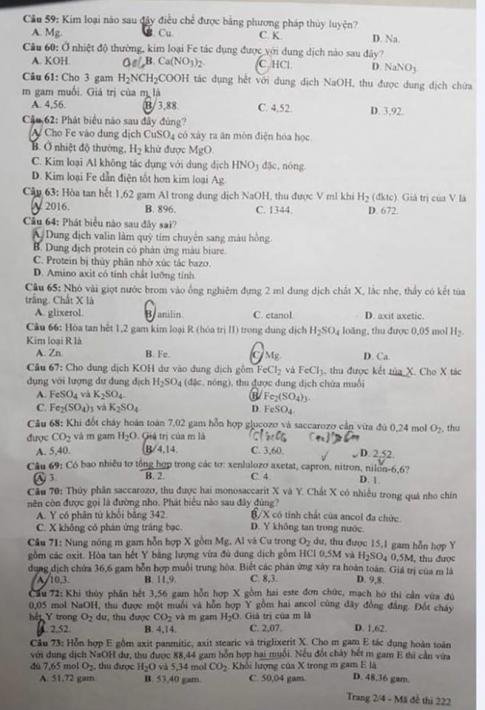 Thi THPTQG 2020: Đề thi và đáp án môn Hóa học mã đề 222