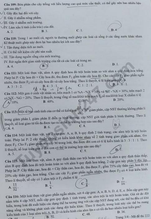 Thi THPQG 2020: Đề thi và đáp án môn Sinh học mã đề 222