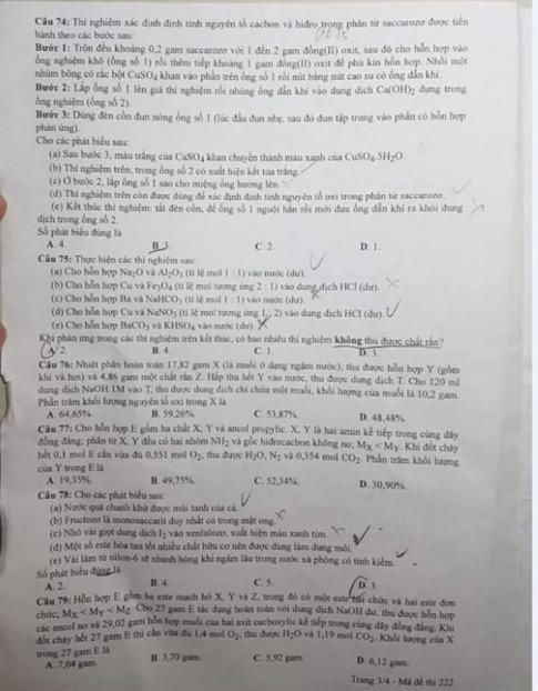 Thi THPTQG 2020: Đề thi và đáp án môn Hóa học mã đề 222
