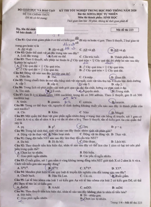 Thi THPQG 2020: Đề thi và đáp án môn Sinh học mã đề 223