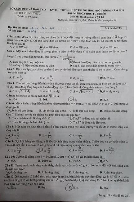 Thi THPTQG 2020: Đề thi và đáp án môn Vật lý mã đề 223