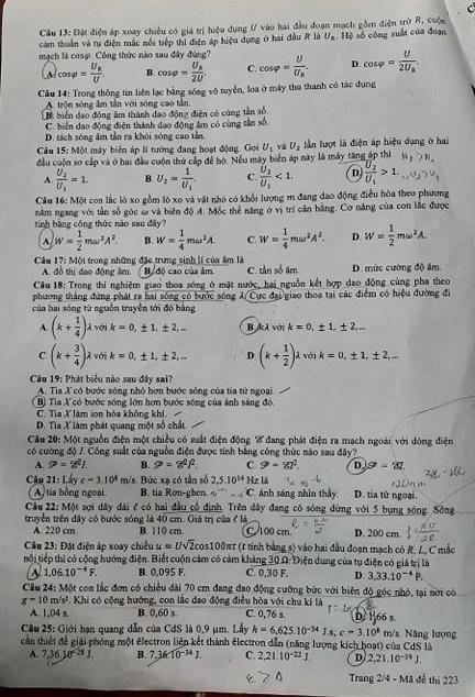 Thi THPTQG 2020: Đề thi và đáp án môn Vật lý mã đề 223