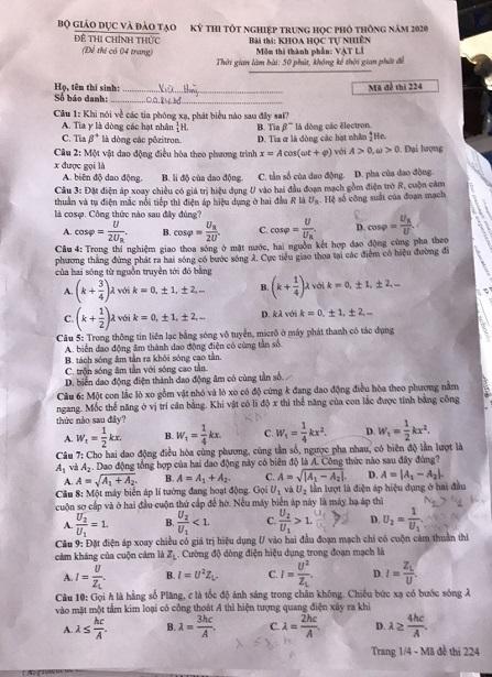 Thi THPTQG 2020: Đề thi và đáp án môn Vật lý mã đề 224