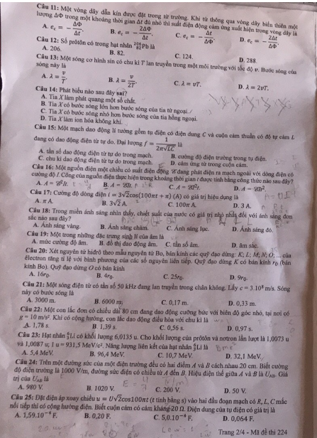 Thi THPTQG 2020: Đề thi và đáp án môn Vật lý mã đề 224