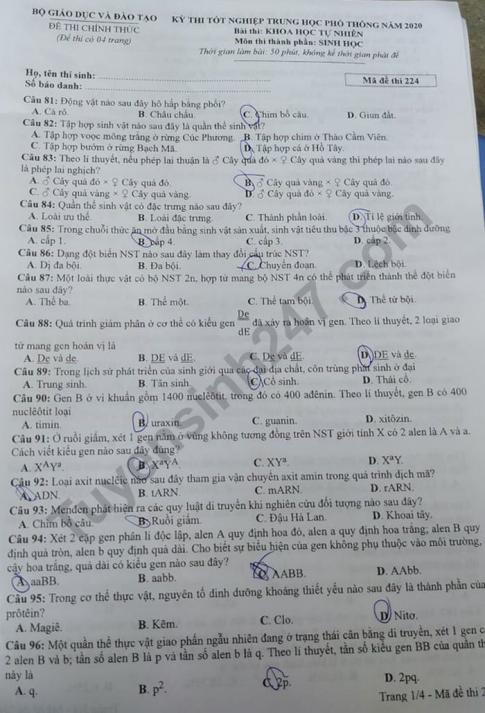 Thi THPQG 2020: Đề thi và đáp án môn Sinh học mã đề 224