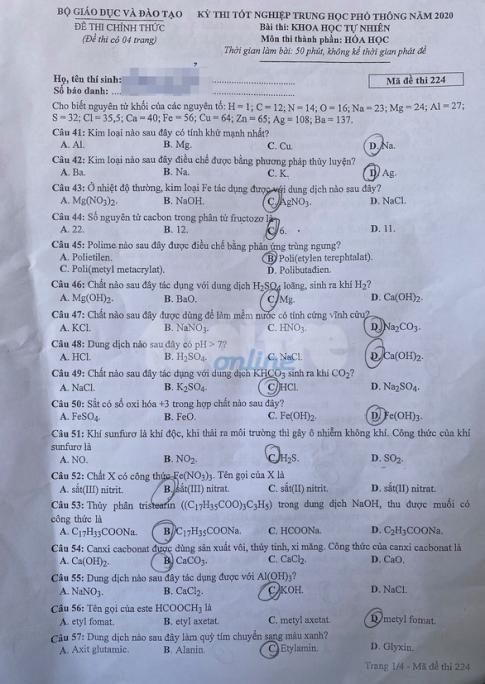 Thi THPTQG 2020: Đề thi và đáp án môn Hóa học mã đề 224