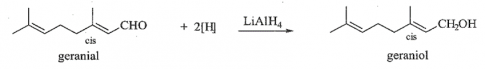 Geraniol là một alcohol không no có trong tinh dầu hoa hồng, có công thức phân tử là C10H18O. Geraniol có thể thu được từ phản ứng khử geranial (một chất có trong tinh dầu sả) theo phản ứng sau đây:  Xác định công thức cấu tạo của geraniol và xác định liên kết đôi nào trong geranial và geraniol có đồng phân hình học?